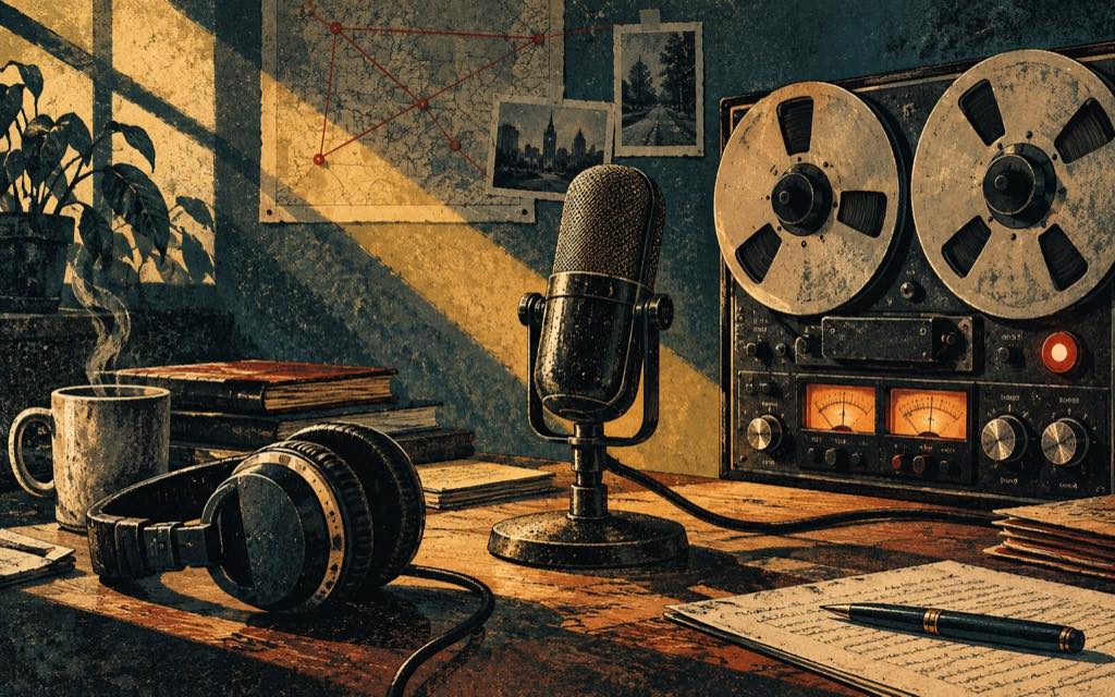 Retro illustration of a microphone, headphones and reel-to-reel recorder