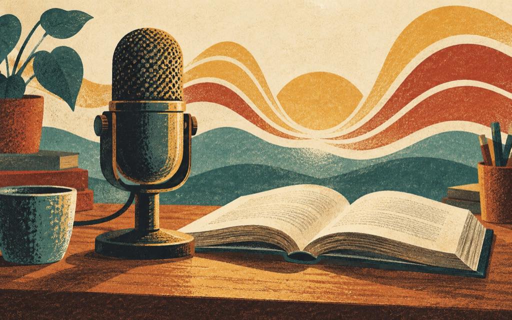 Retro illustration of a microphone beside an open book