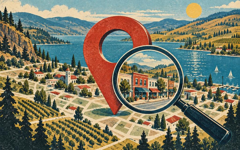 Retro illustration of a map pin and magnifying glass over an Okanagan-inspired lakeside town