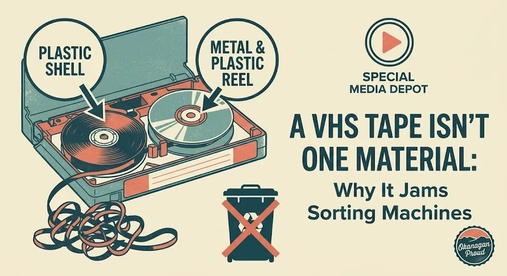 Diagram of a VHS tape showing its plastic shell, metal and plastic reels and magnetic tape, explaining why VHS tapes cannot go in curbside recycling in Canada and belong at a special media depot