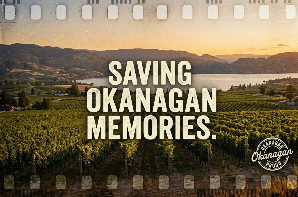 Okanagan vineyard and lake at sunset framed like vintage film, for Porthos Media VHS to digital transfer services in the Okanagan, BC