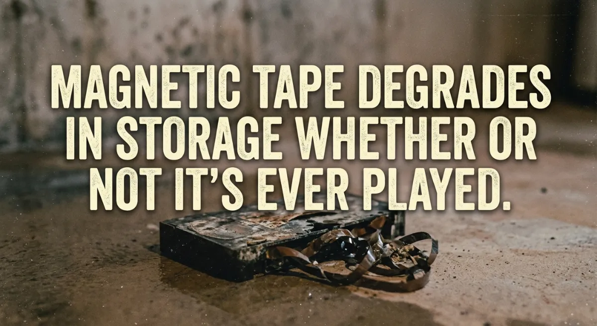 Old VHS tape with unspooled magnetic tape on a damp basement floor, showing how VHS tapes degrade in storage even when never played