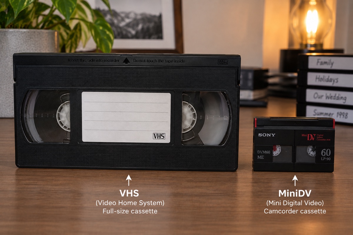 A labelled comparison showing a full-size VHS cassette beside a smaller MiniDV cassette.
