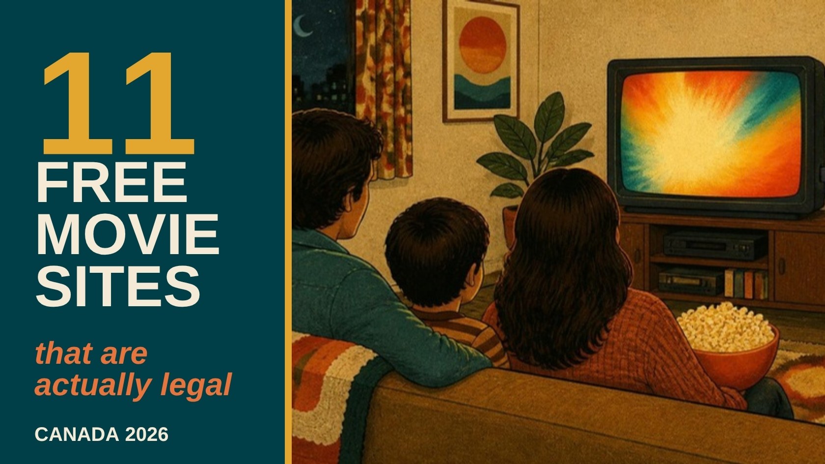 Retro illustration of a family watching a glowing TV with popcorn, beside the title 11 Free Movie Sites That Are Actually Legal