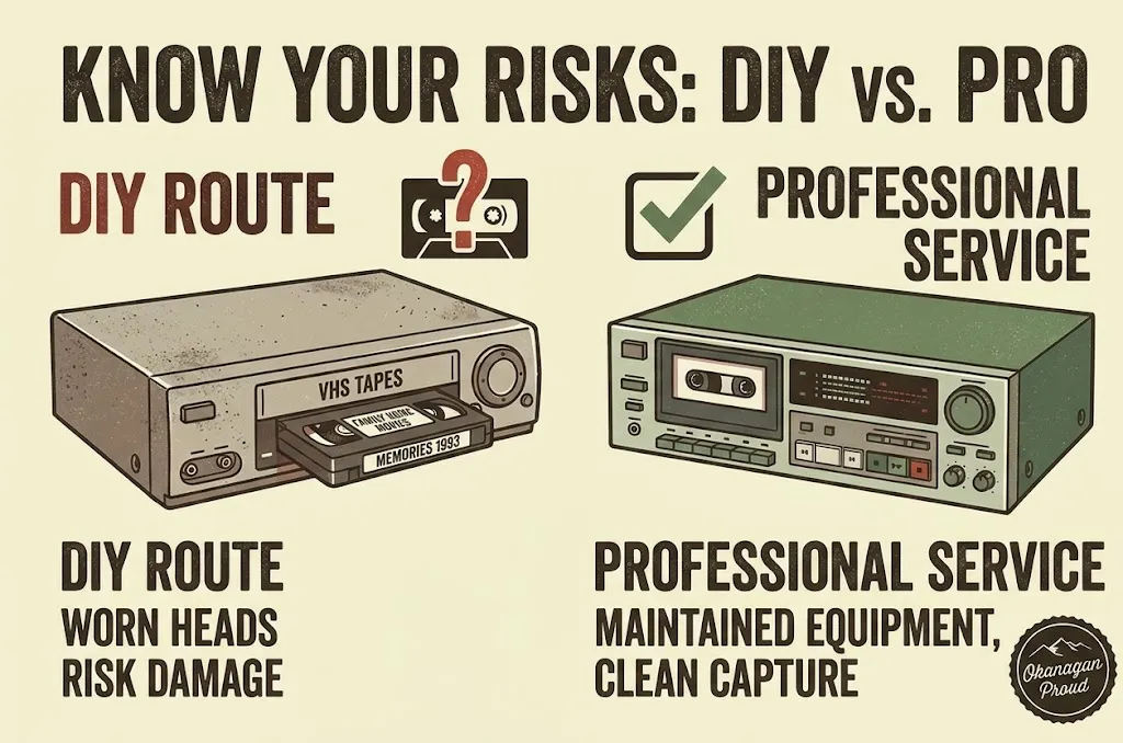 DIY vs professional VHS to digital transfer: a worn home VCR that risks tape damage compared with maintained professional equipment for a clean capture