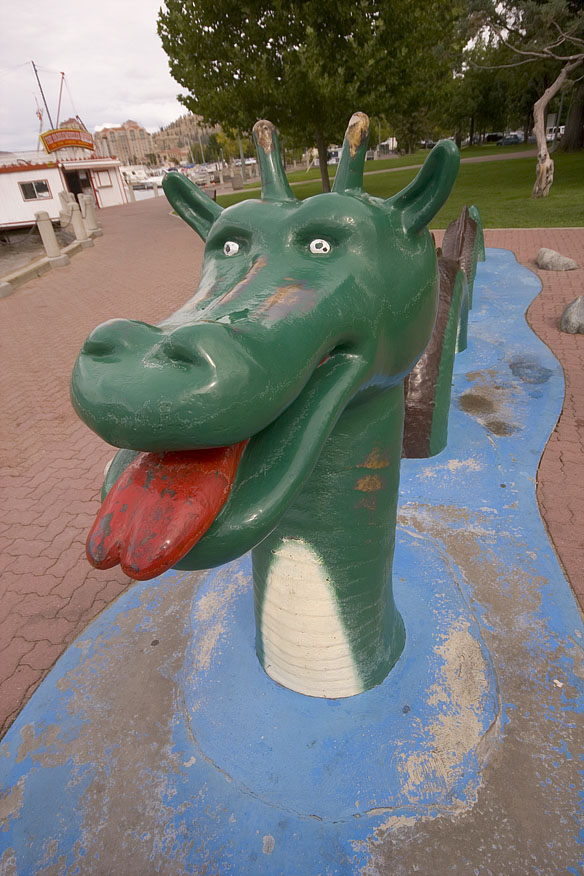 The green Ogopogo sculpture on Kelowna’s waterfront, photographed in 2006.