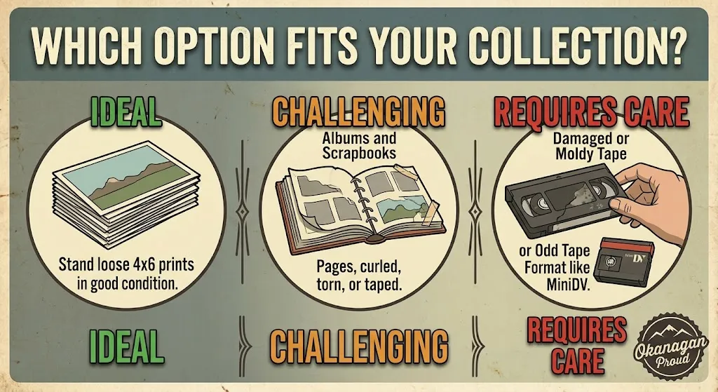 Chart comparing photo scanning and video transfer jobs: loose 4x6 prints are ideal for big-box scanning, albums and curled or taped photos are challenging, and damaged or moldy VHS and MiniDV tapes require specialist care.