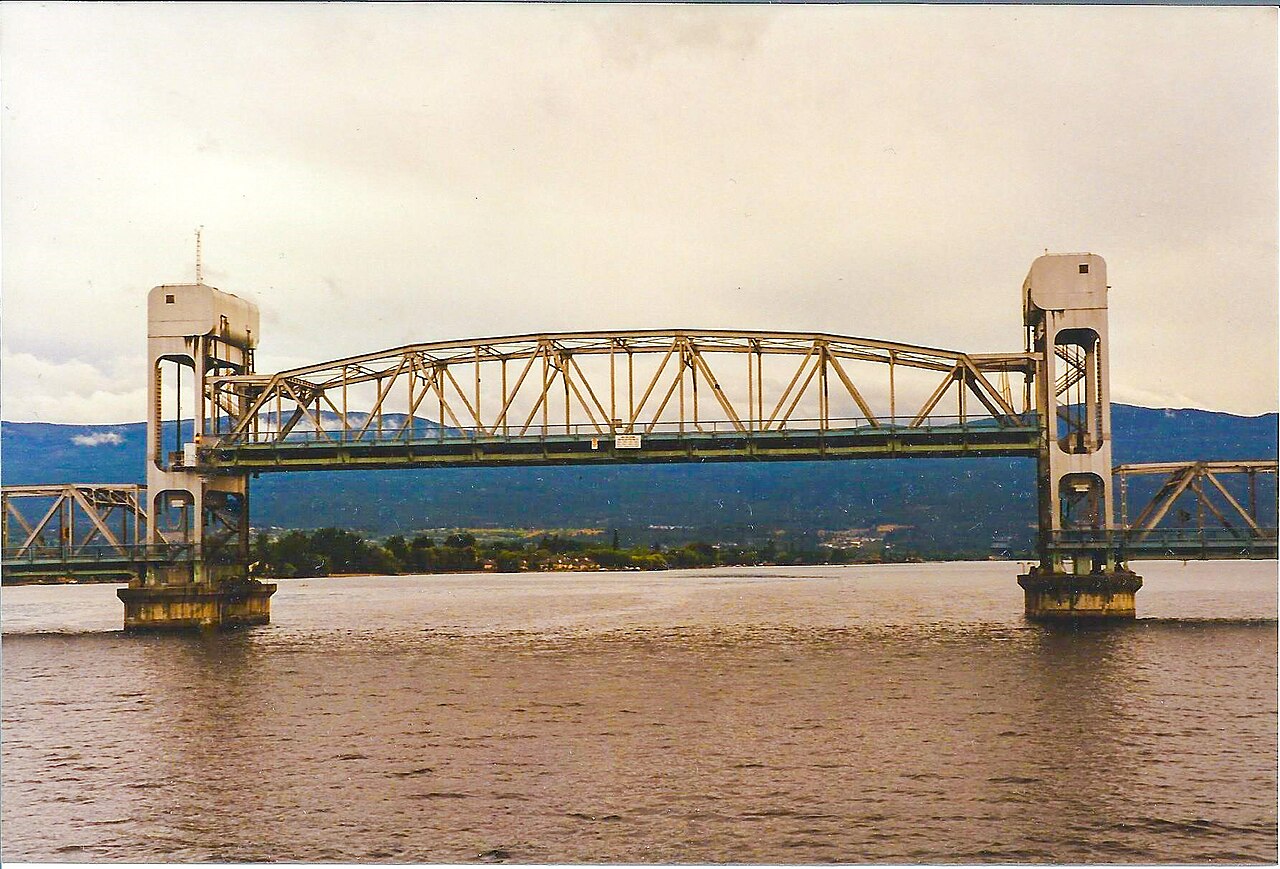 The raised lift span of the original Okanagan Lake Bridge, photographed from the lake in 1997.