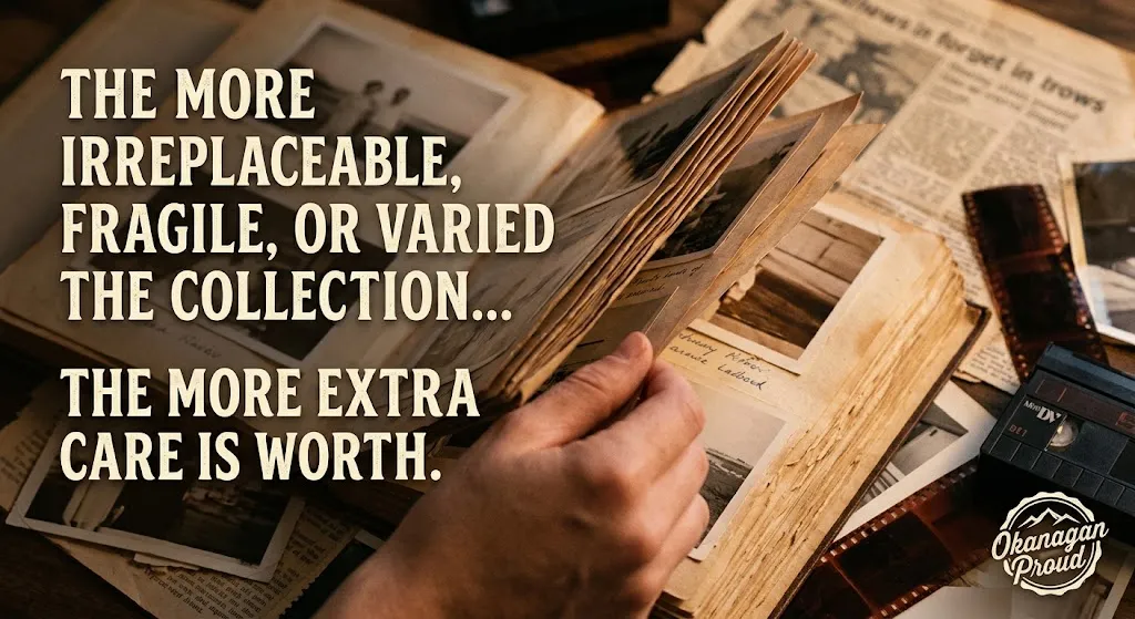 Hands turning the pages of an old family photo album beside film negatives and a MiniDV tape, with the words: the more irreplaceable, fragile or varied the collection, the more extra care is worth. Local photo scanning and video transfer in the Okanagan.