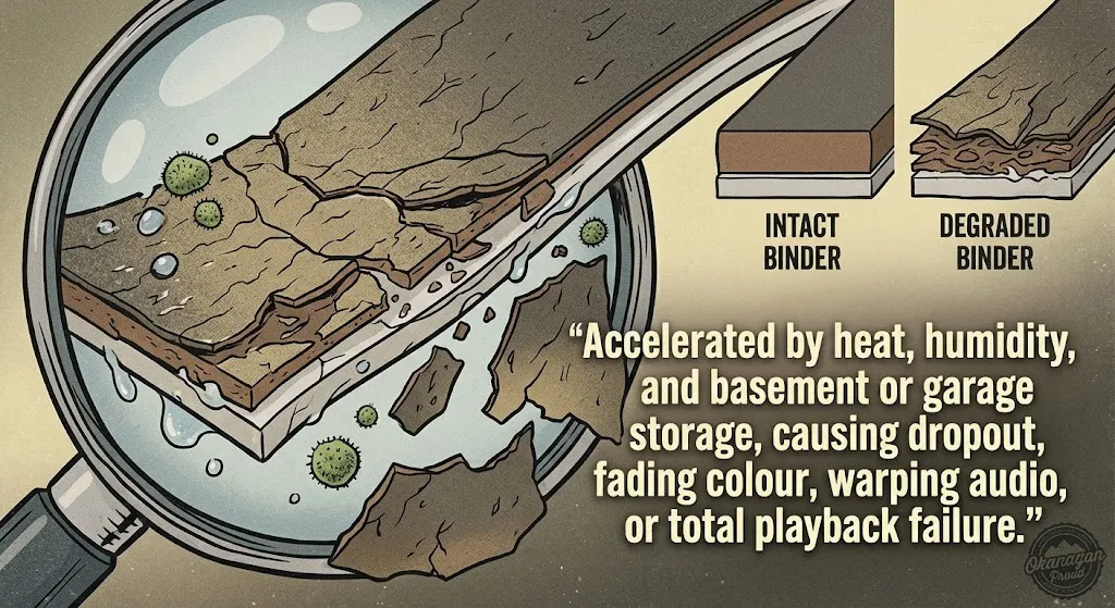 Magnified illustration of VHS tape binder breaking down, comparing intact and degraded binder, showing how heat, humidity and basement or garage storage cause dropout, faded colour, warped audio and playback failure