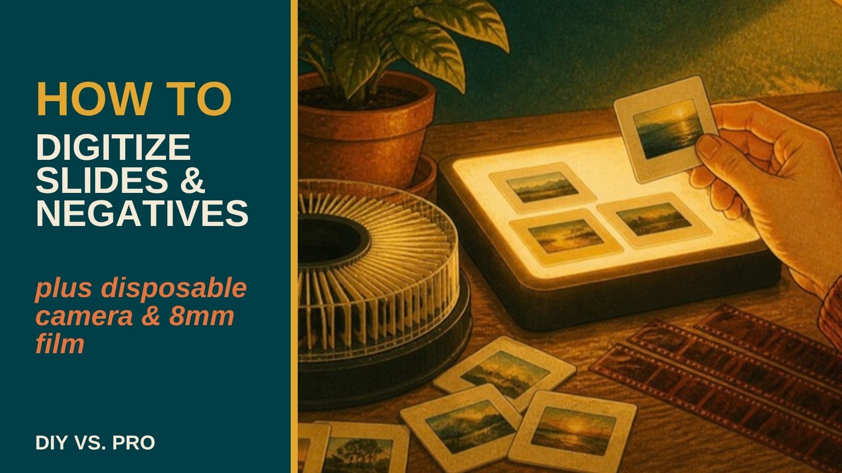 Retro illustration of a slide carousel, 35mm slides on a light table and film negatives, with the title How to Digitize Slides and Negatives
