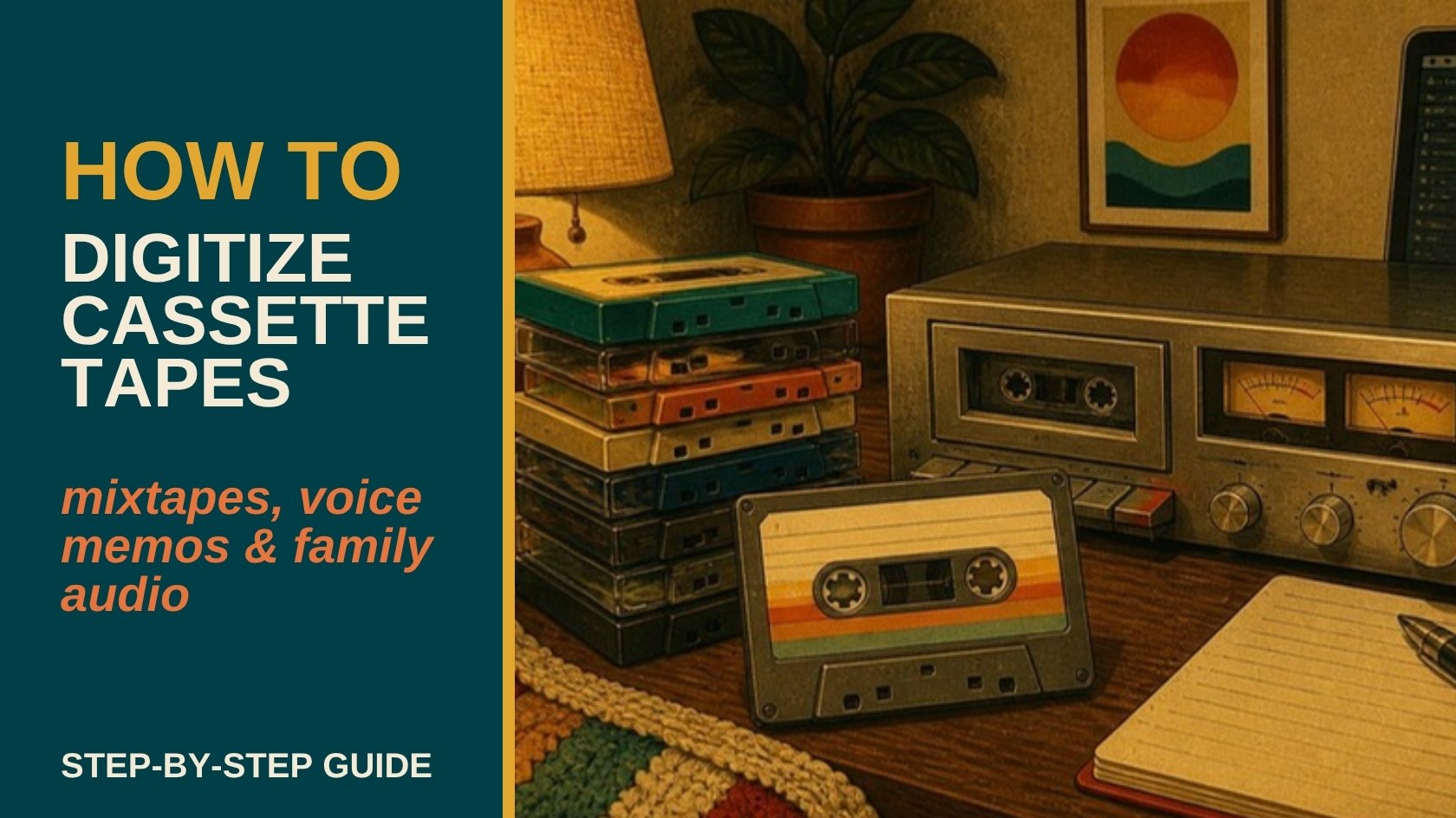 Retro illustration of cassette tapes and a handwritten mixtape beside a tape deck, with the title How to Digitize Cassette Tapes
