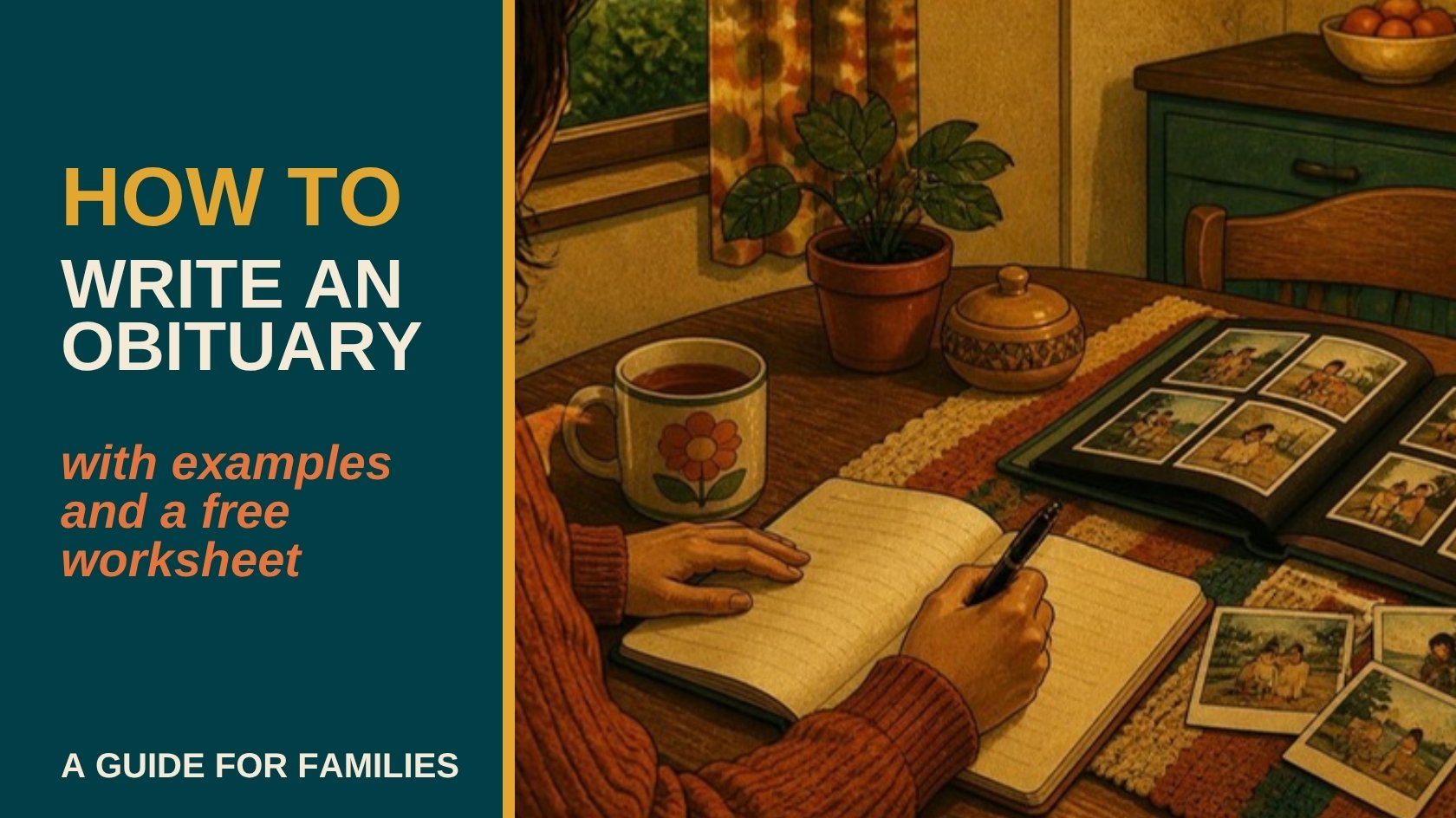Retro illustration of hands writing in a notebook beside tea and an open family photo album, with the title How to Write an Obituary