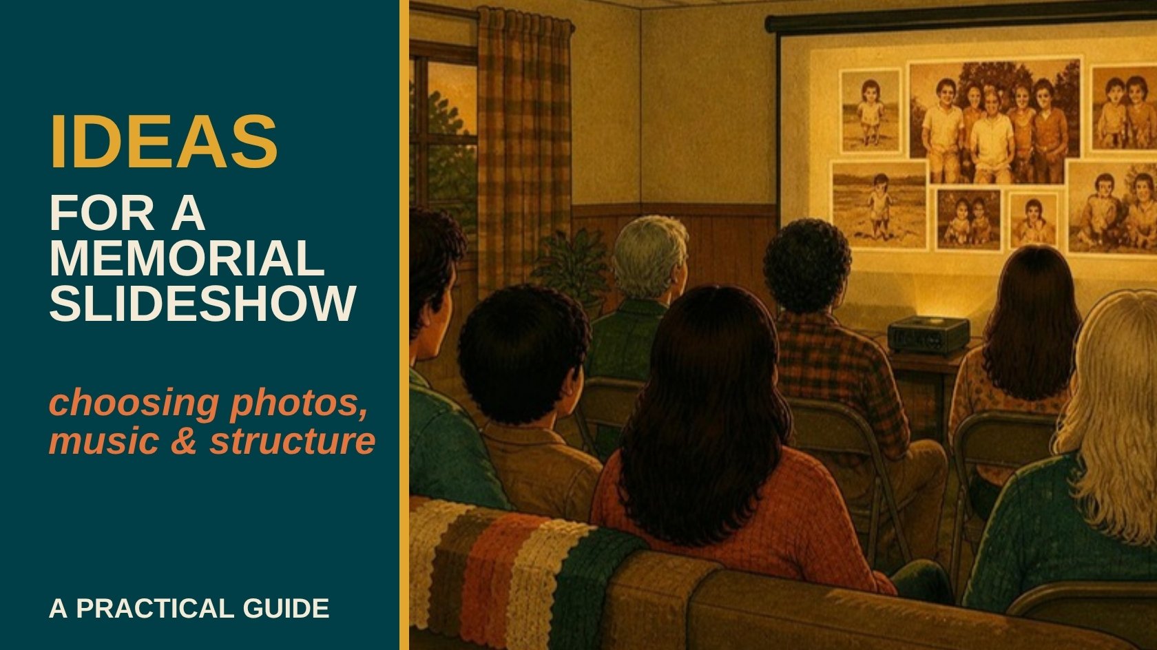 Retro illustration of family and friends watching a slideshow of old family photos, with the title Ideas for a Memorial Slideshow
