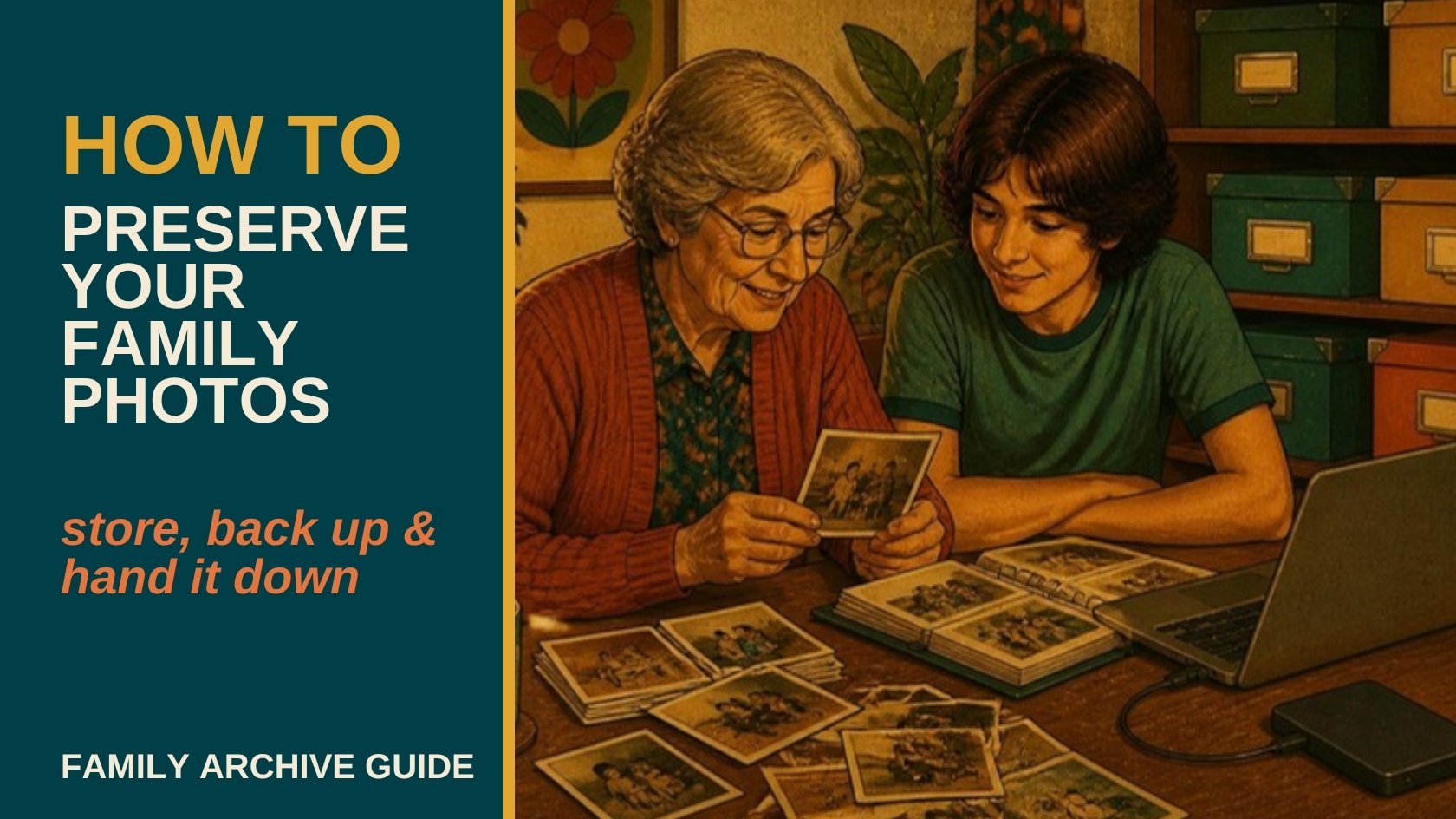 Retro illustration of a grandmother and grandchild sorting old photos beside labelled archive boxes, with the title How to Preserve Your Family Photos