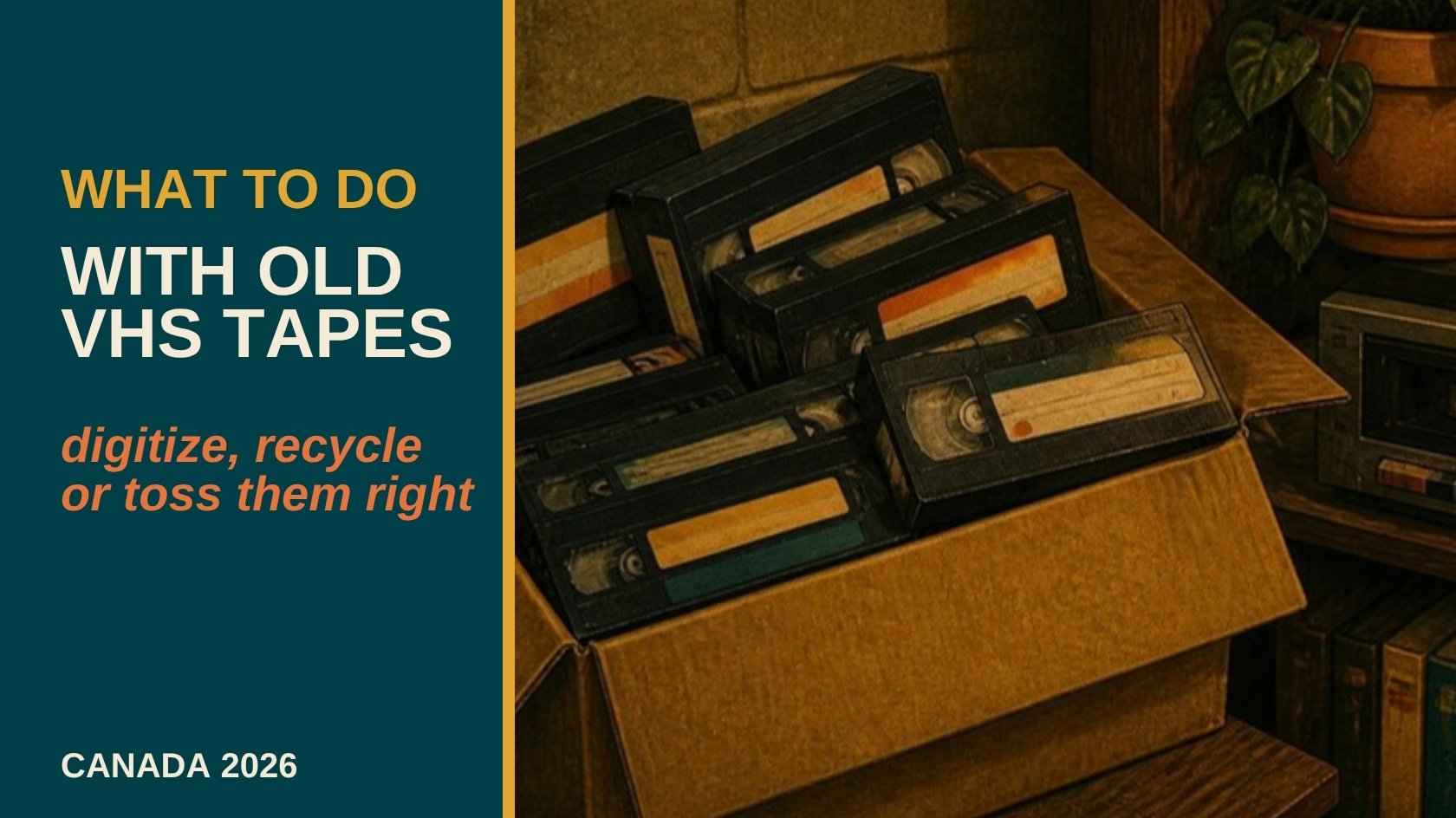 Retro illustration of a cardboard box of labelled VHS tapes beside an old VCR, with the title What to Do With Old VHS Tapes